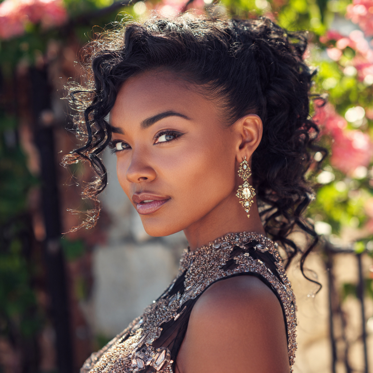 attractive black woman with elegant prom half up h