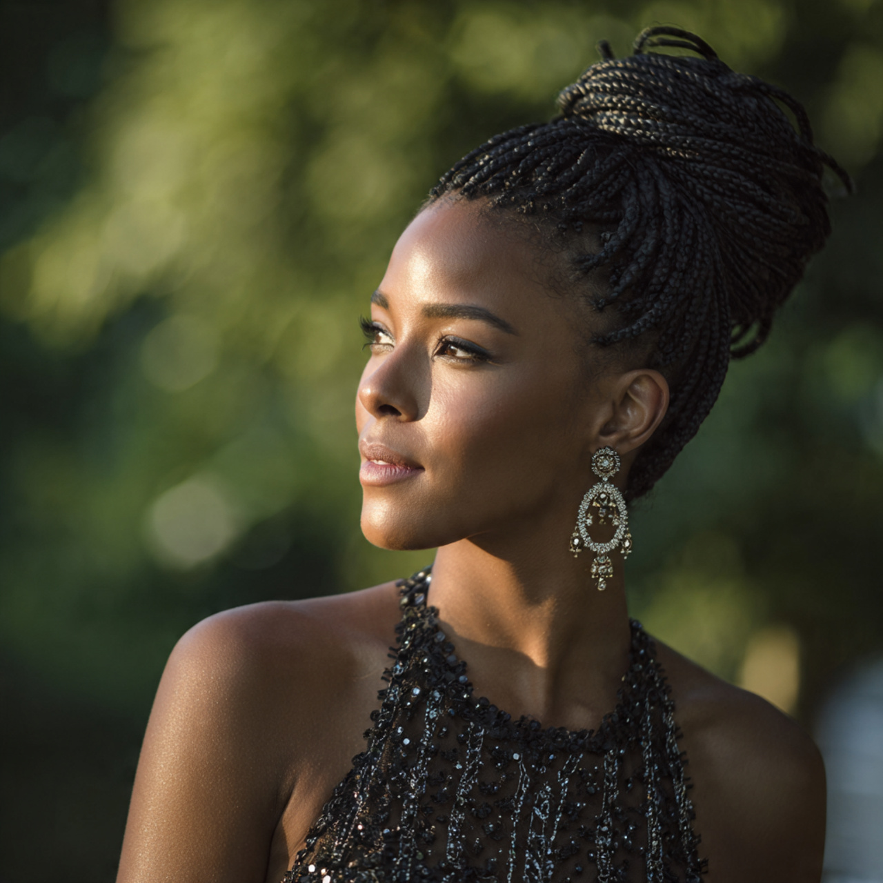 attractive black woman with prom box braids updo h