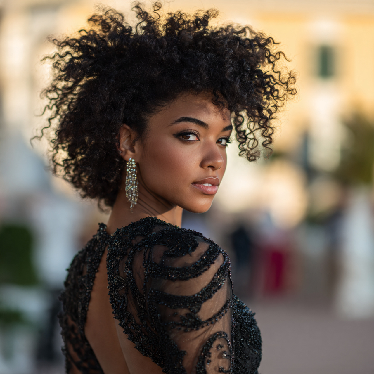 attractive black woman with prom curly afro hairst