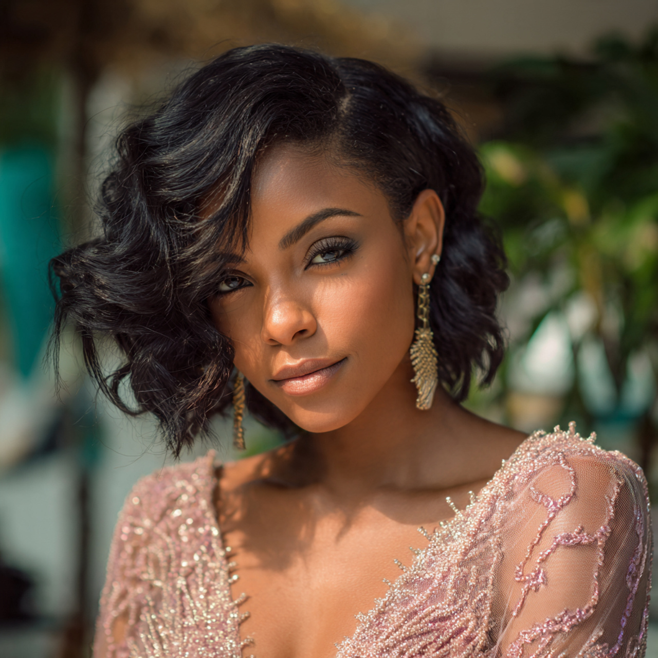 attractive black woman with prom side swept curls