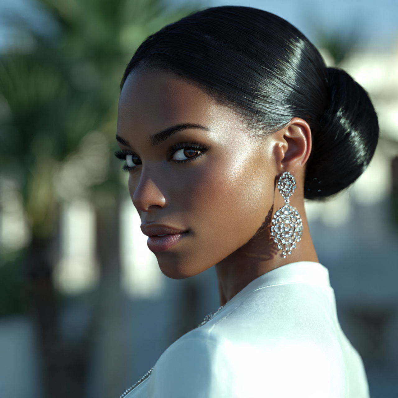 attractive black woman with sleek low bun prom hai