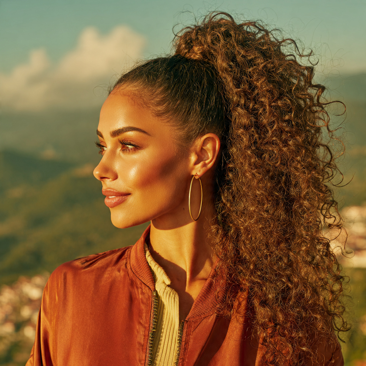 attractive woman with a curly high ponytail hairst