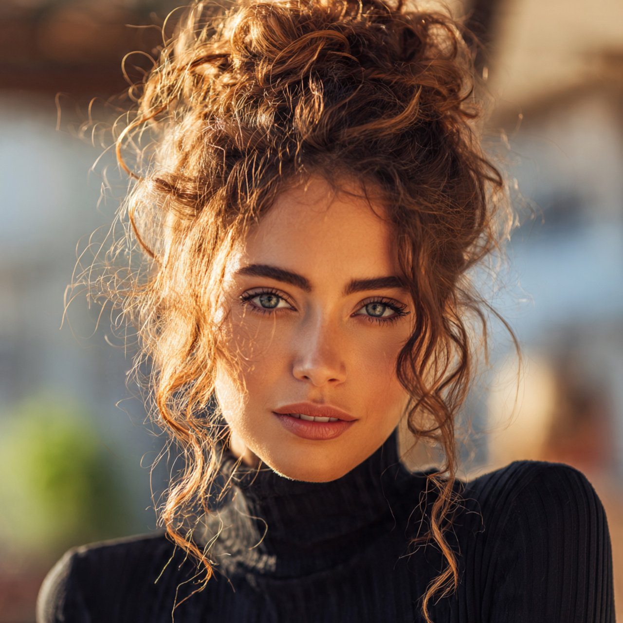 attractive woman with a curly loose curly bun hair