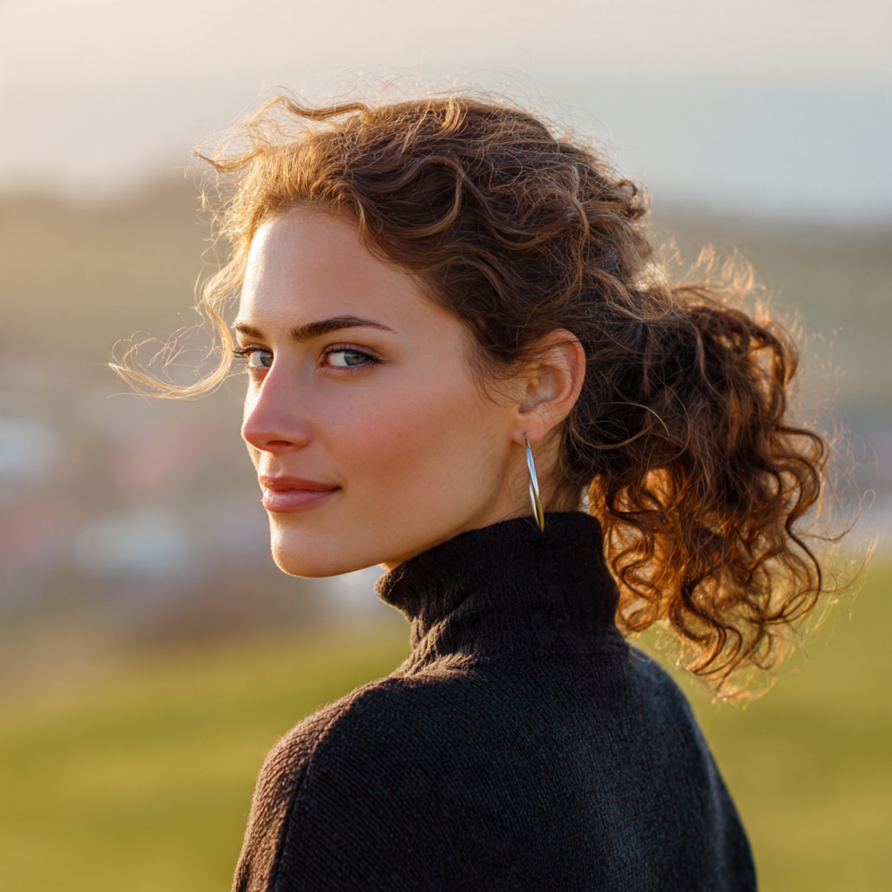 attractive woman with a curly low ponytail hairsty
