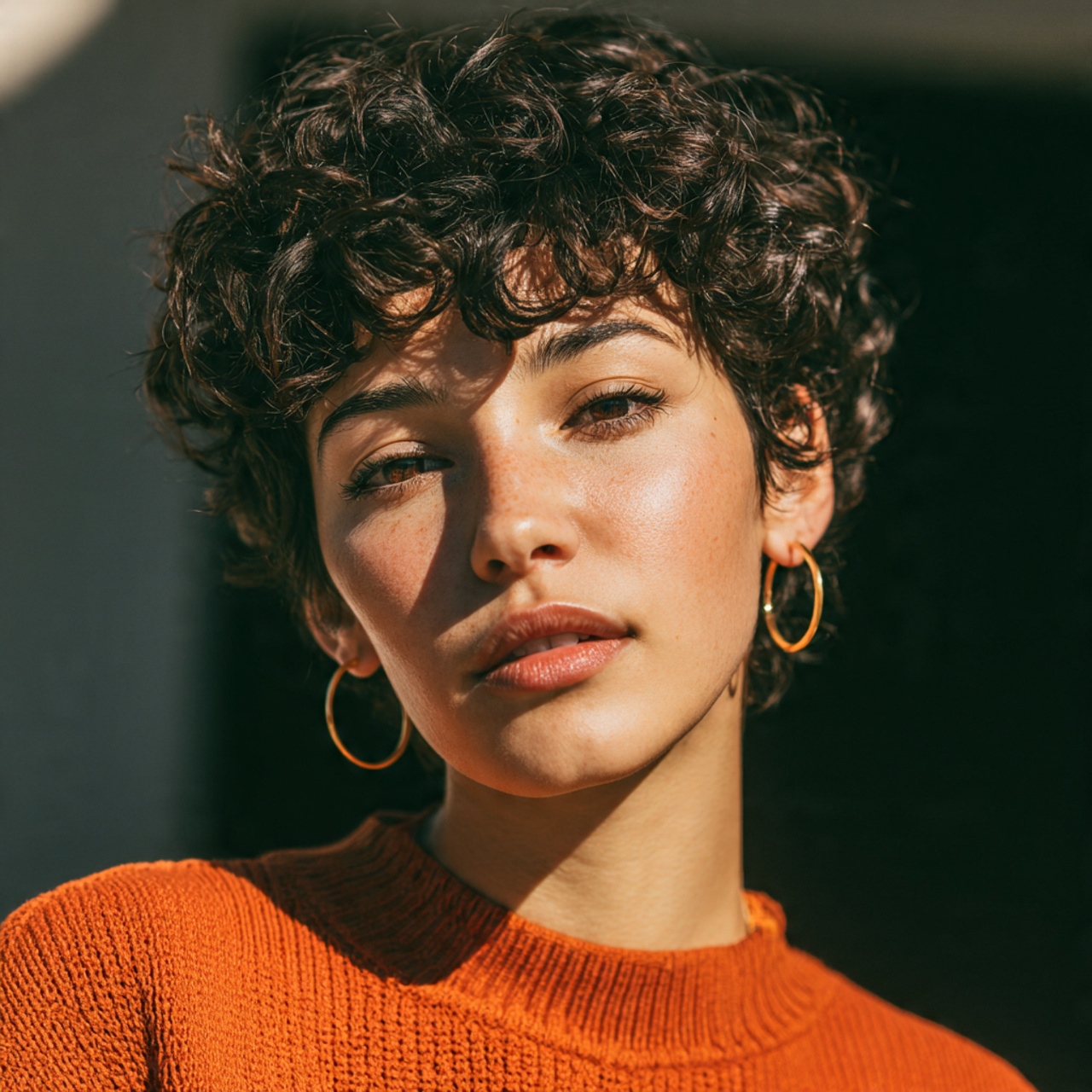 attractive woman with a curly pixie cut hairstyle