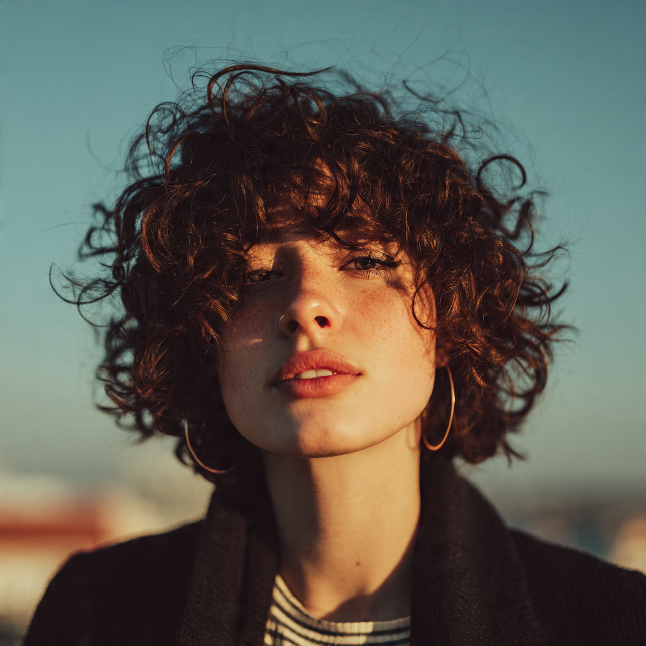 attractive woman with a curly shag cut hairstyle o