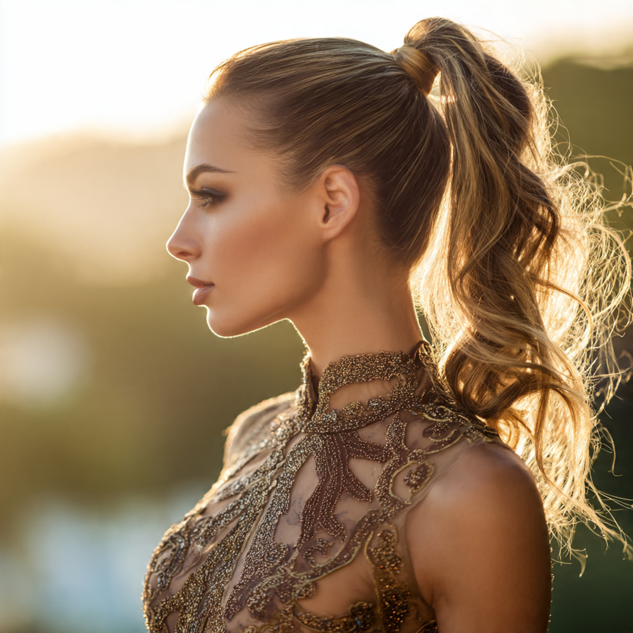 attractive woman with a prom bubble ponytail hairs