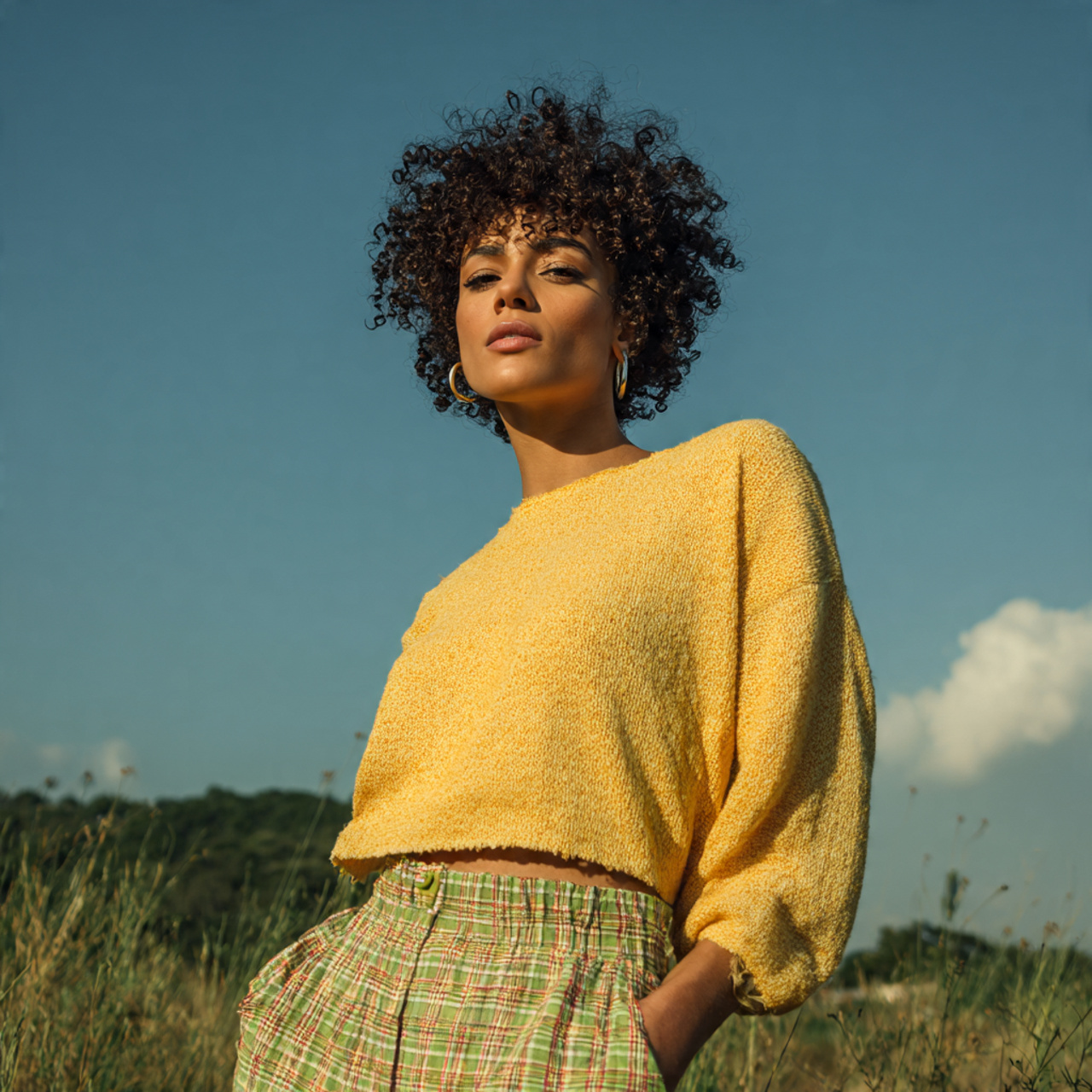 attractive woman with a short curly afro haircut s