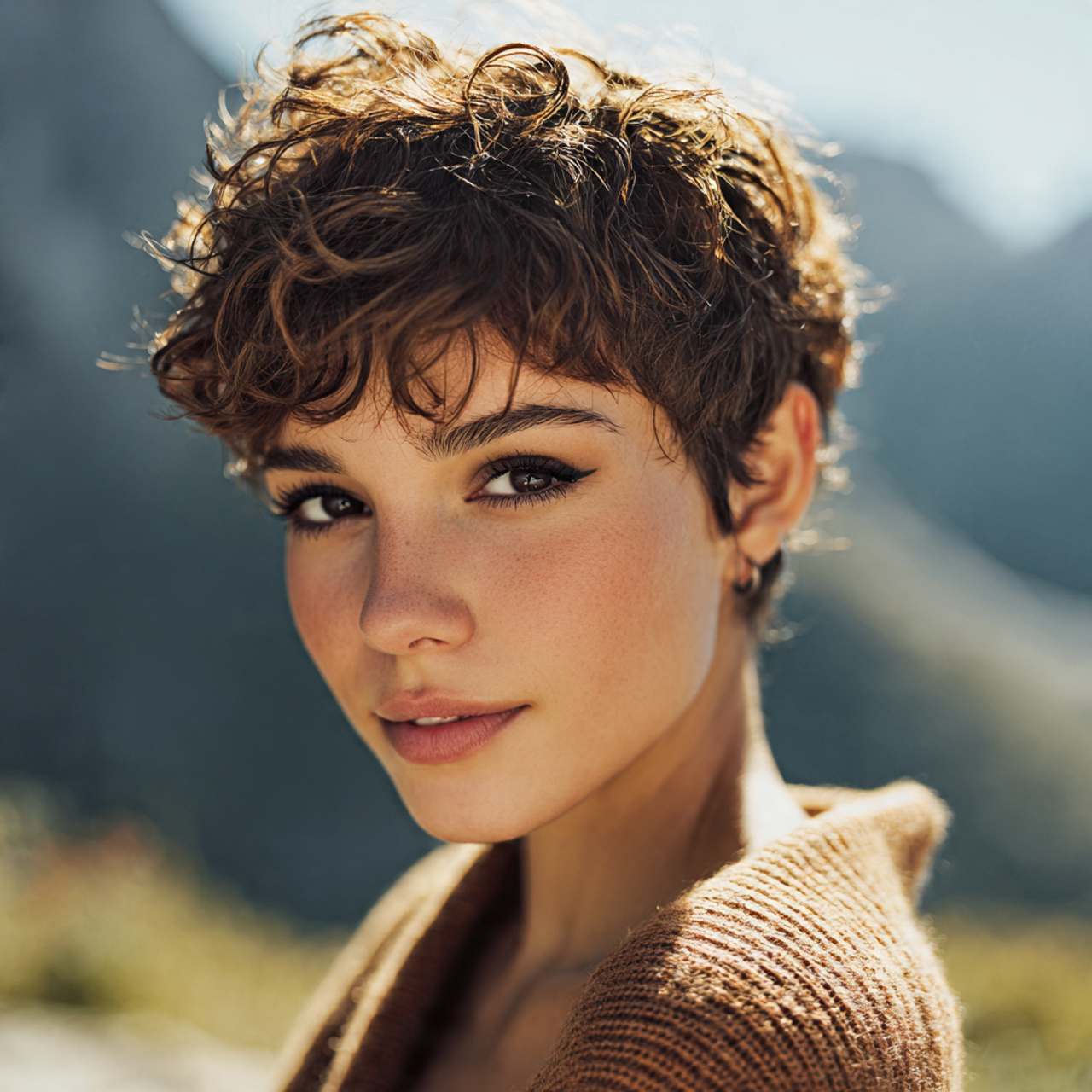 attractive woman with a short curly pixie haircut