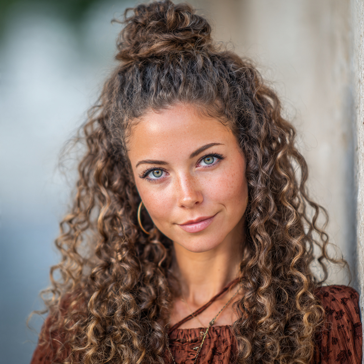 attractive woman with curly half up half down curl