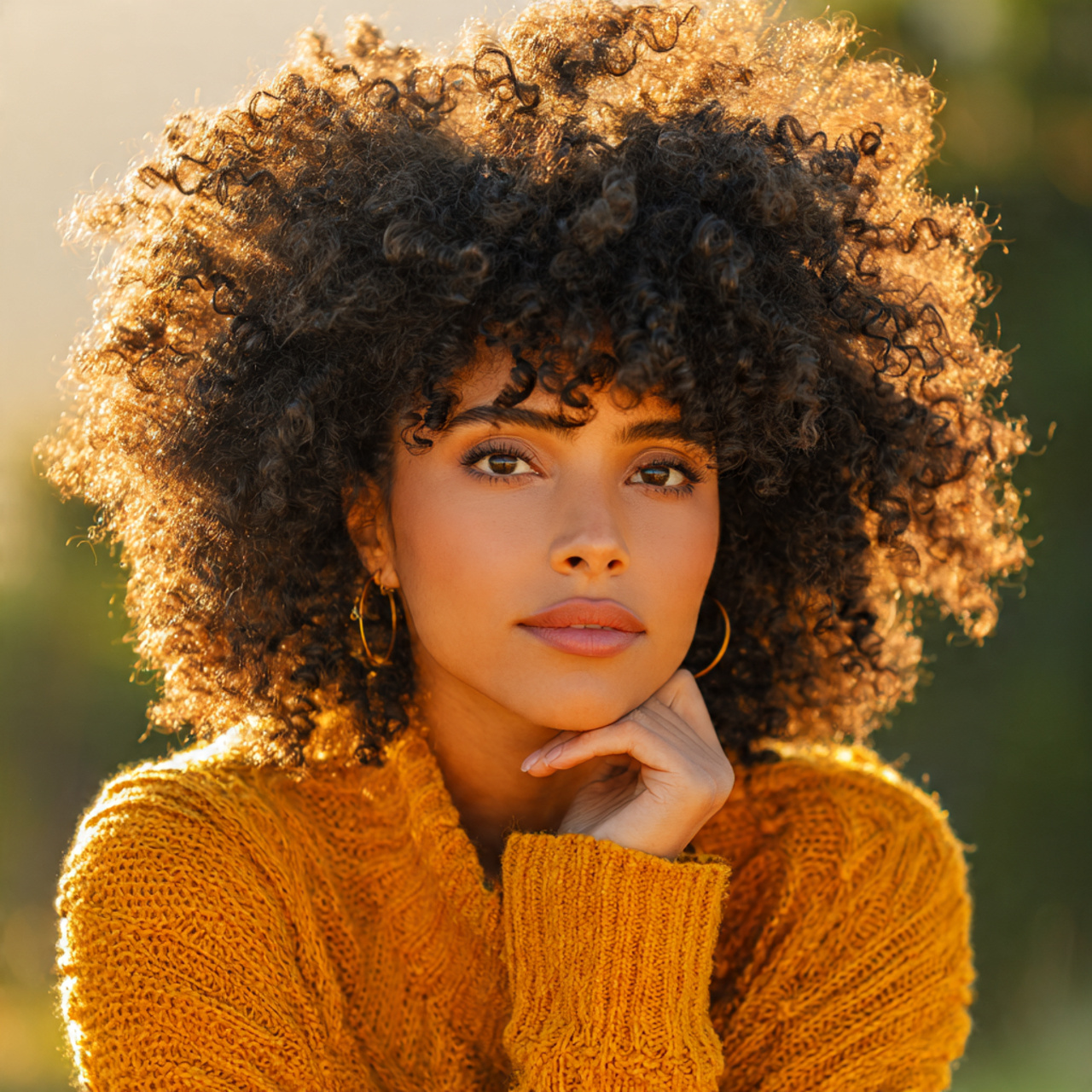 attractive woman with curly voluminous afro hairst