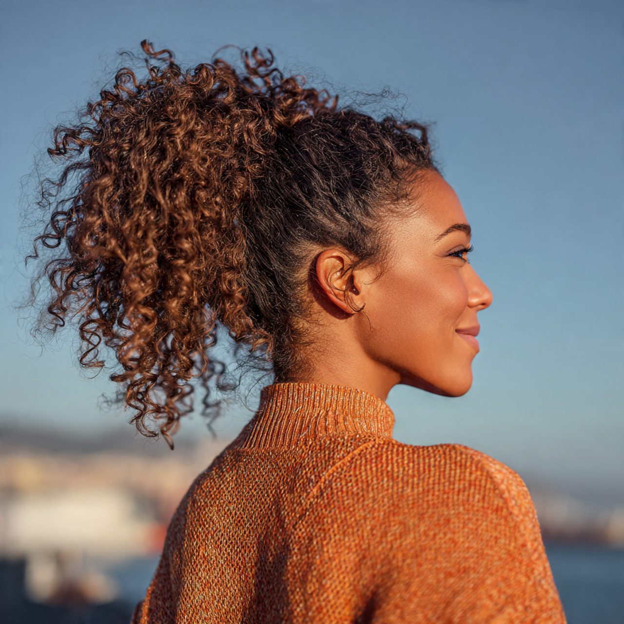 attractive woman with cute curly layered ponytail