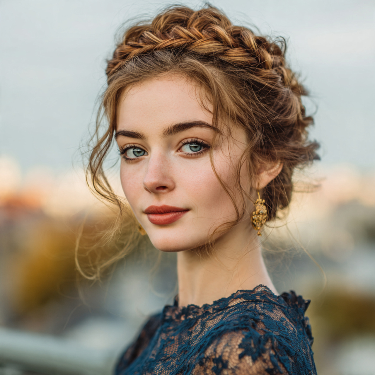 attractive woman with prom braided crown style hai