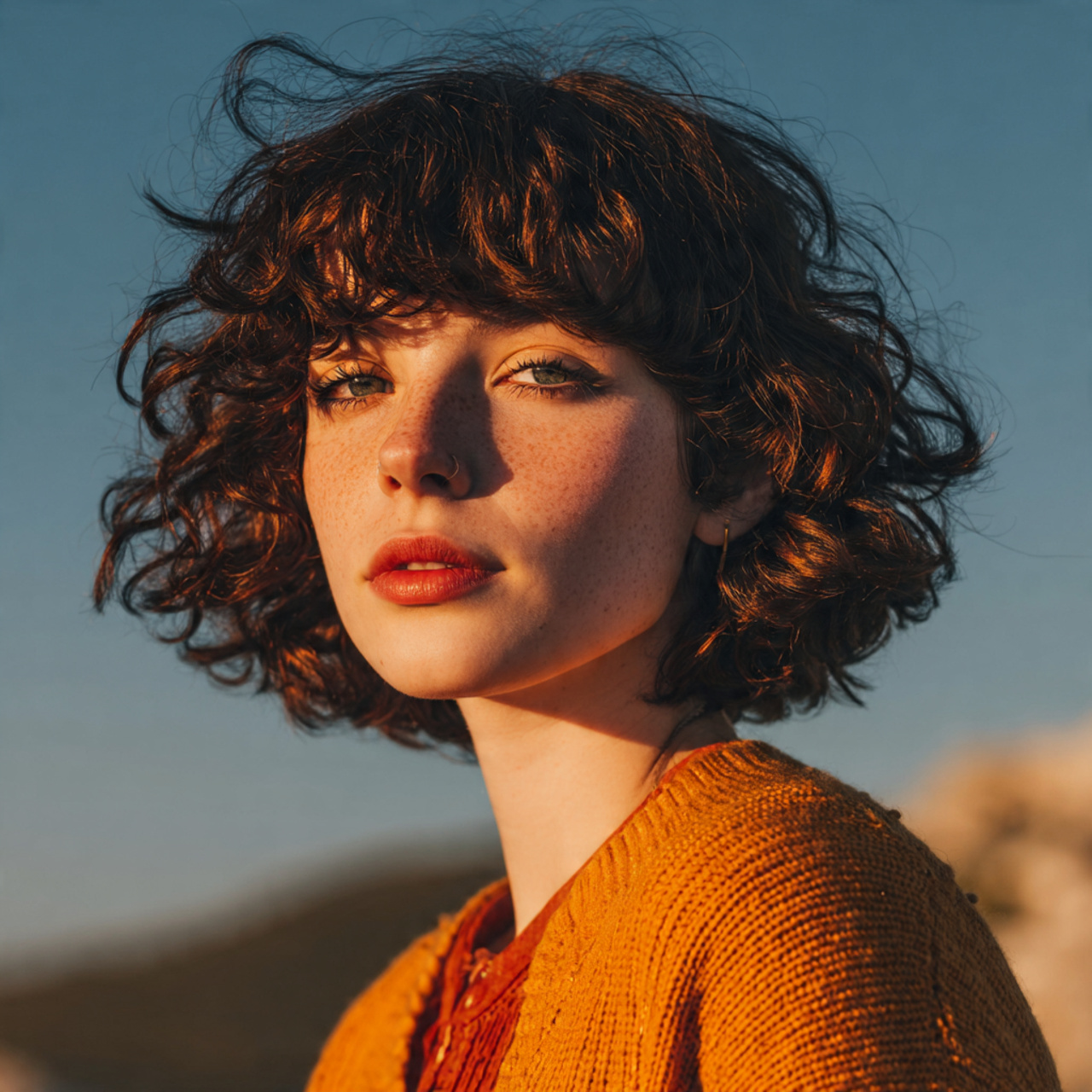 attractive woman with short curly bob haircut and