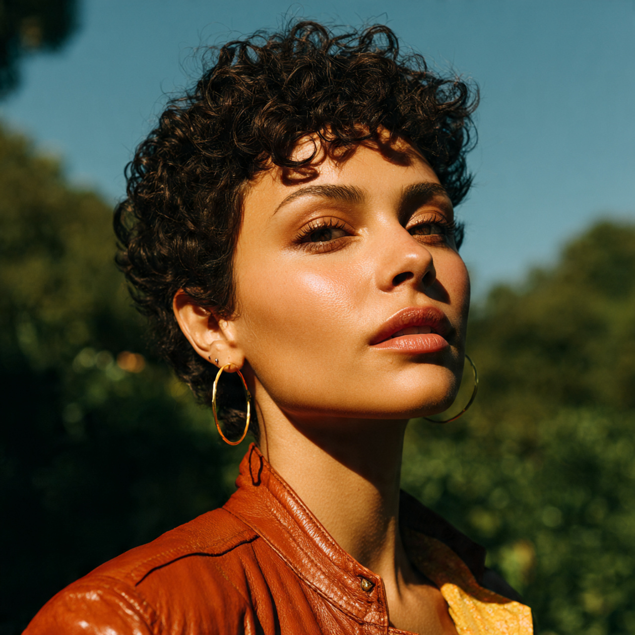 attractive woman with short curly layered curly pi