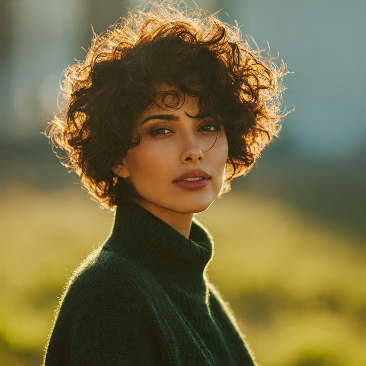 attractive woman with short curly shag cut hairsty