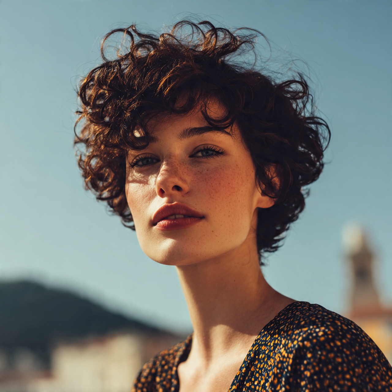 attractive woman with short curly voluminous curly