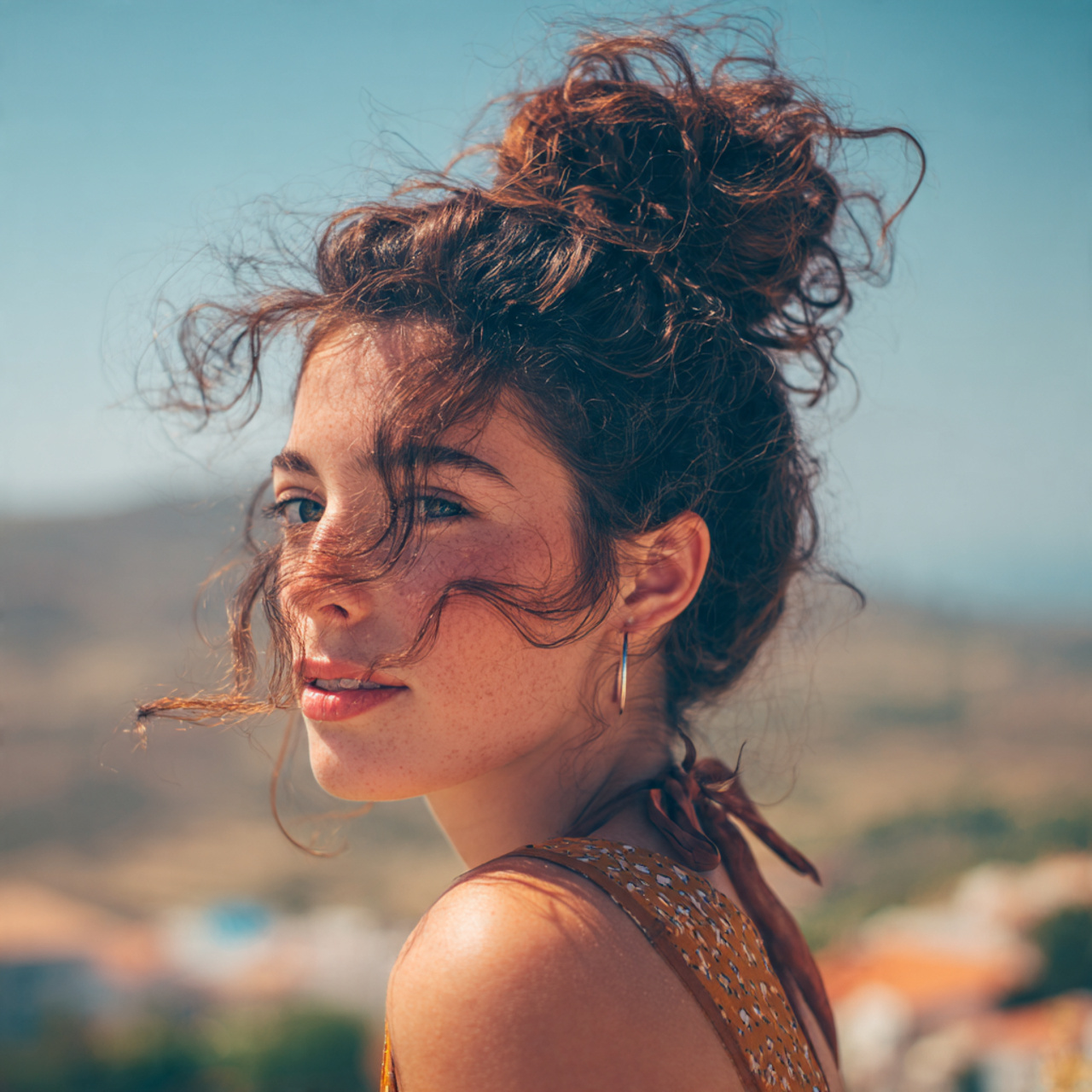 attractive women with a curly messy bun hairstyle