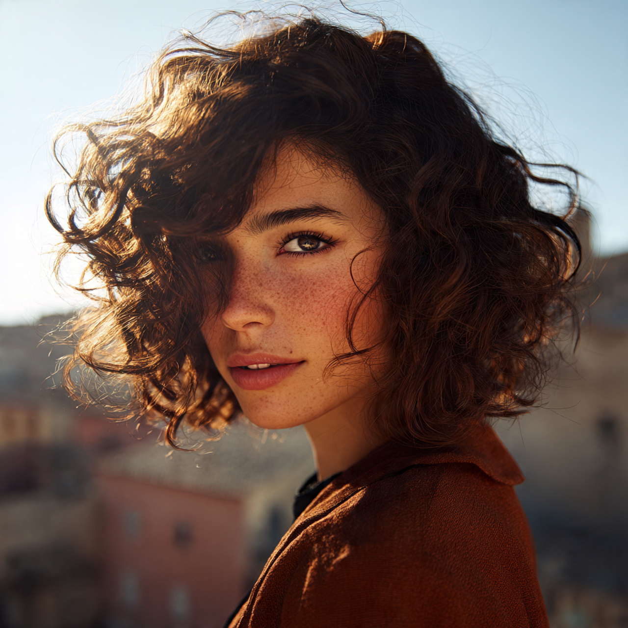 attractive women with curly bob hairstyle with sof