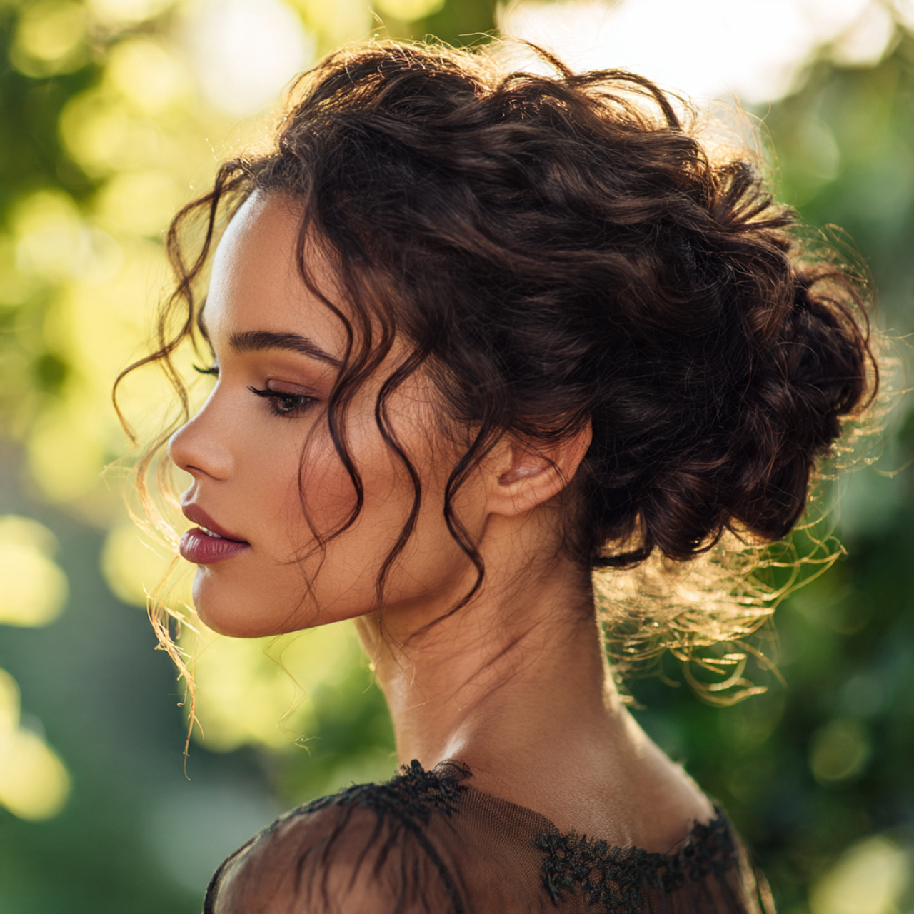 attractive women with curly low bun hairstyle eleg