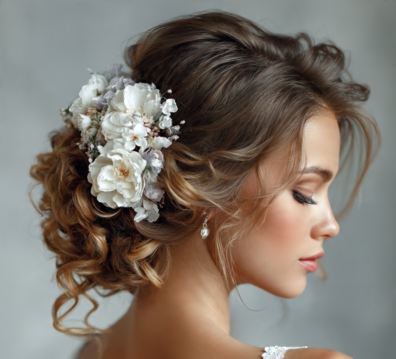 Curly Low Bun with Floral Accessories