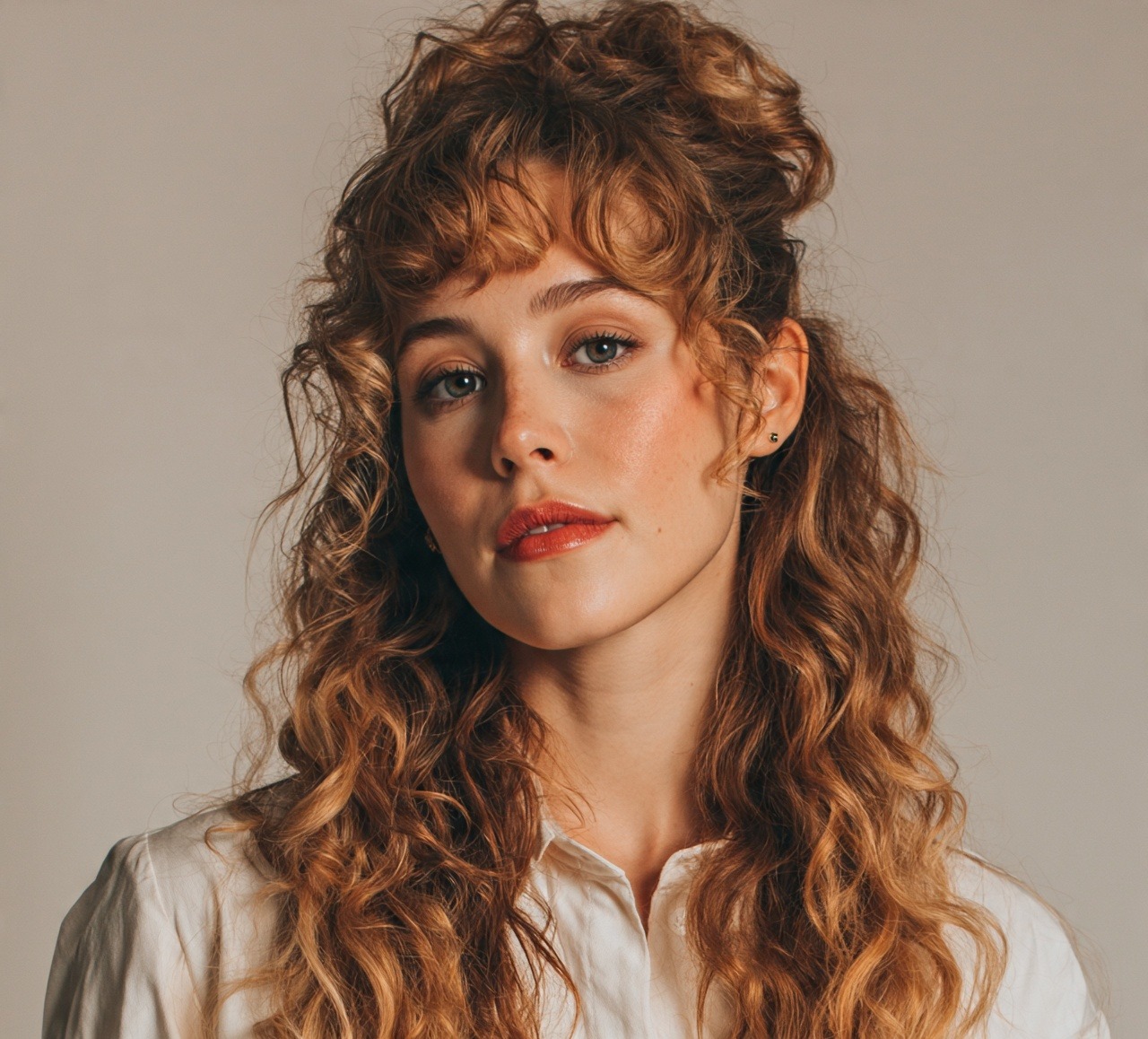 Half Up Curly Style With Face Framing Bangs