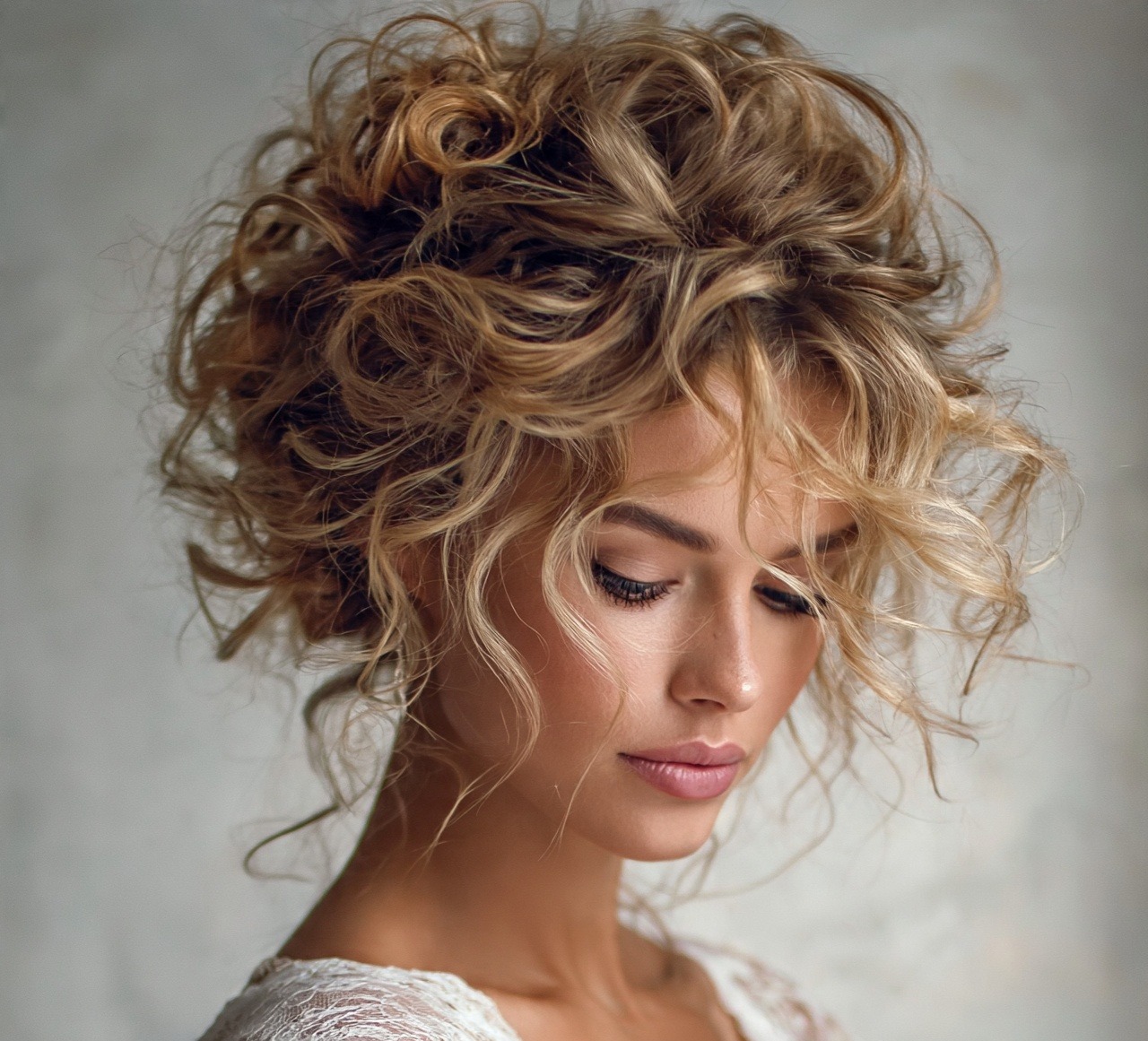 Messy Curly Updo with Face Framing Pieces