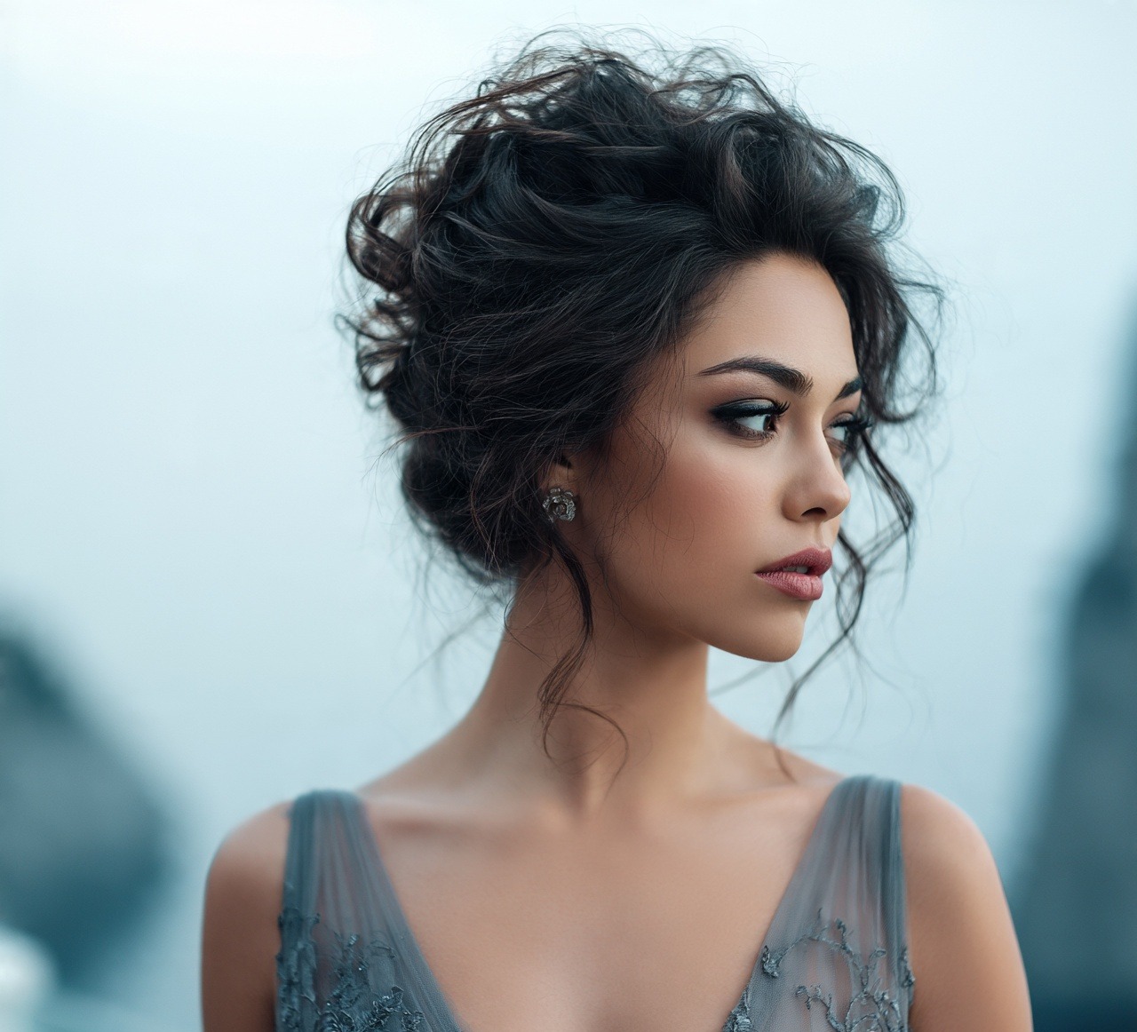 Messy Curly Updo with Face Framing Tendrils