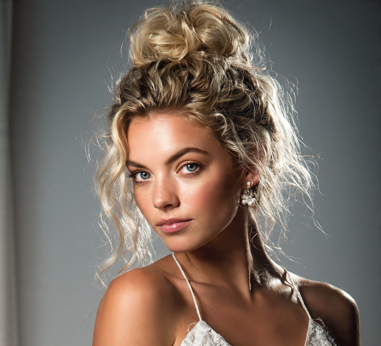 Sleek Top Knot with Curly Tendrils