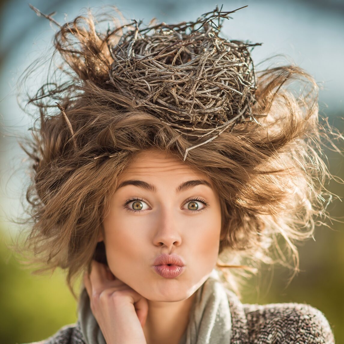 an attractive woman with a funny exaggerated bird edited