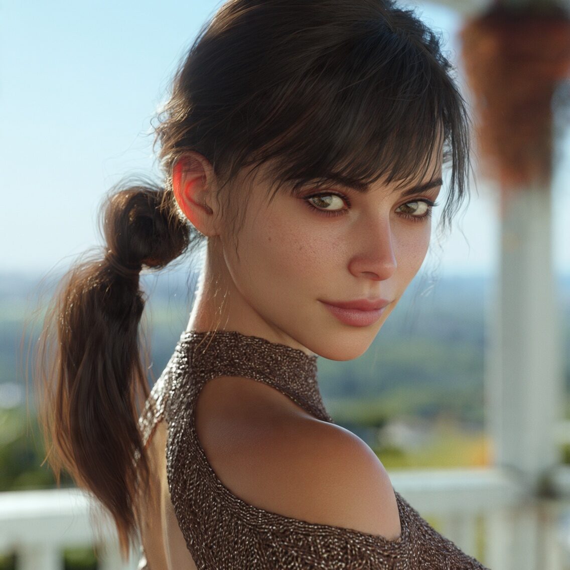 an attractive woman with a funny sideways ponytail edited