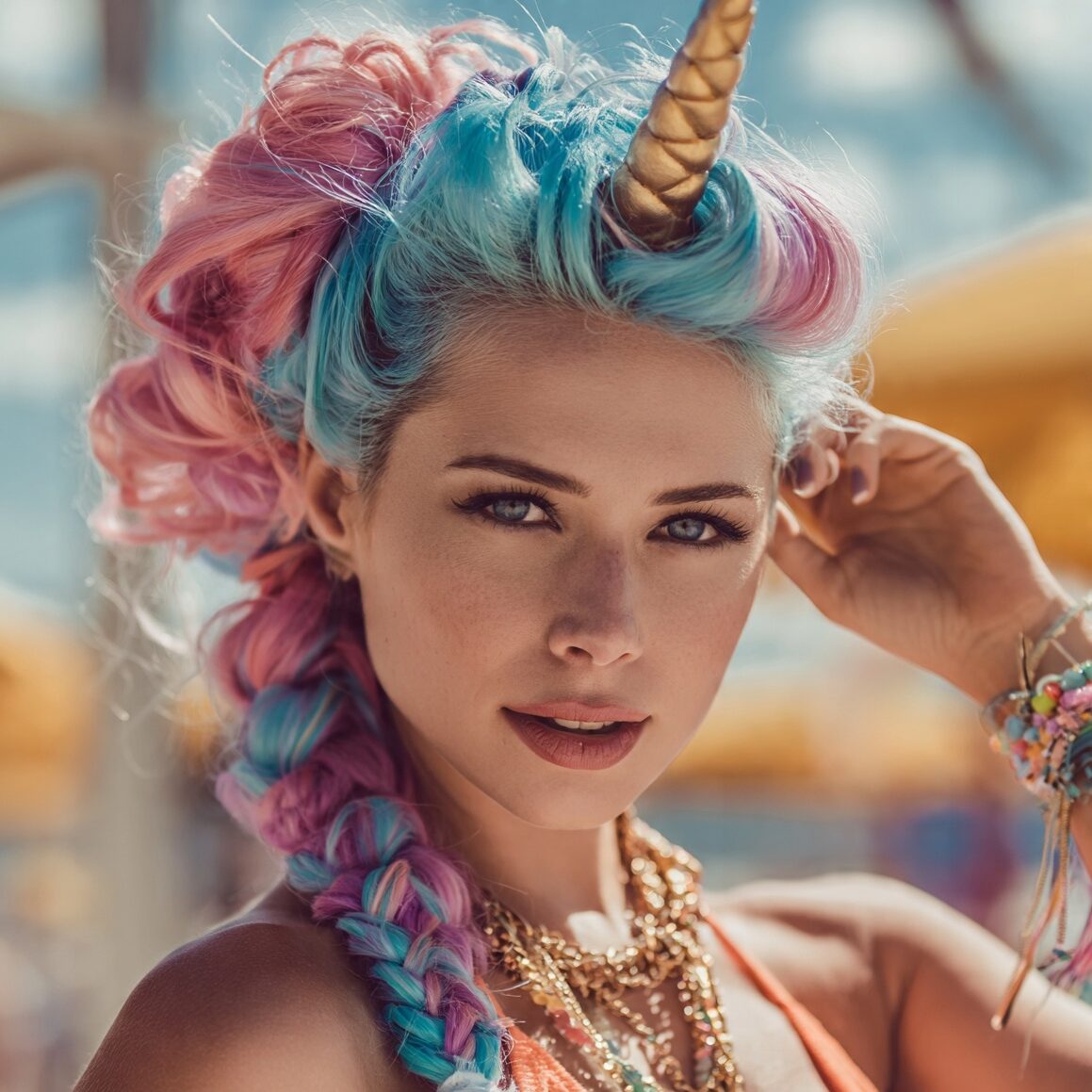 an attractive woman with a funny unicorn point hai edited