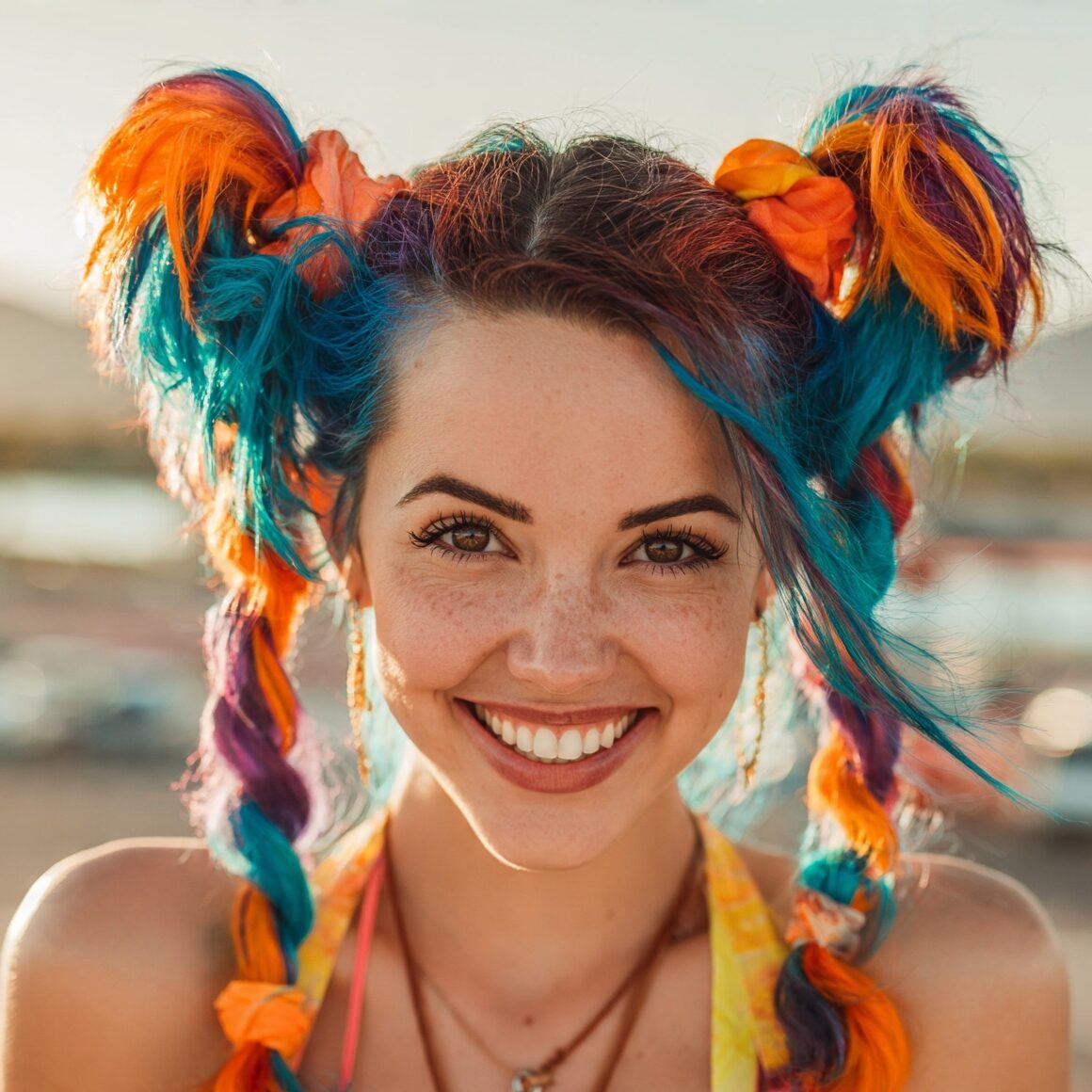 an attractive woman with funny colorful pigtails h edited
