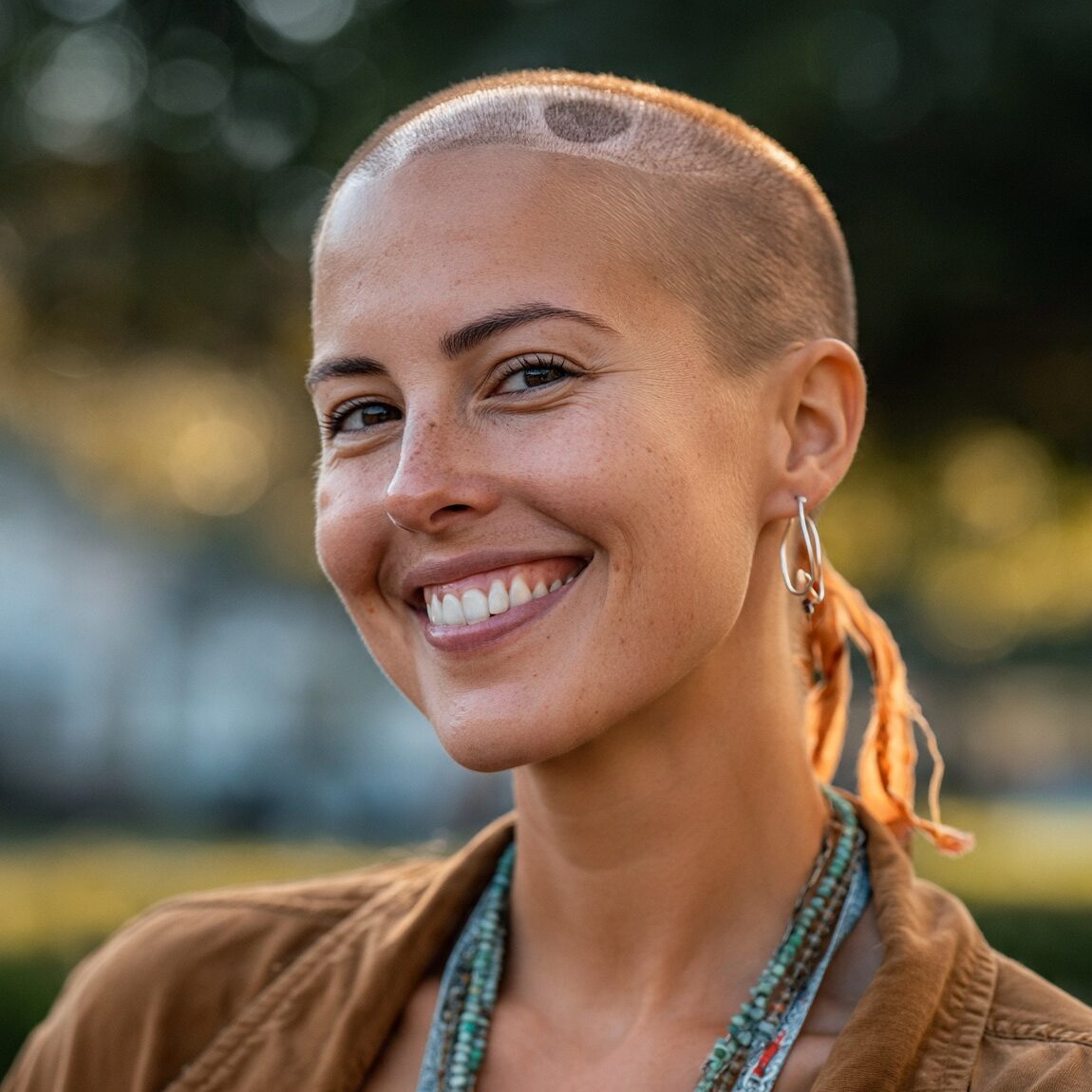 an attractive woman with funny fake bald patch hai edited