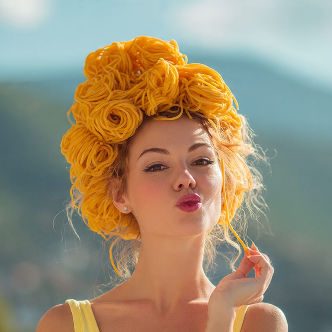 an attractive woman with funny spaghetti hairstyle edited
