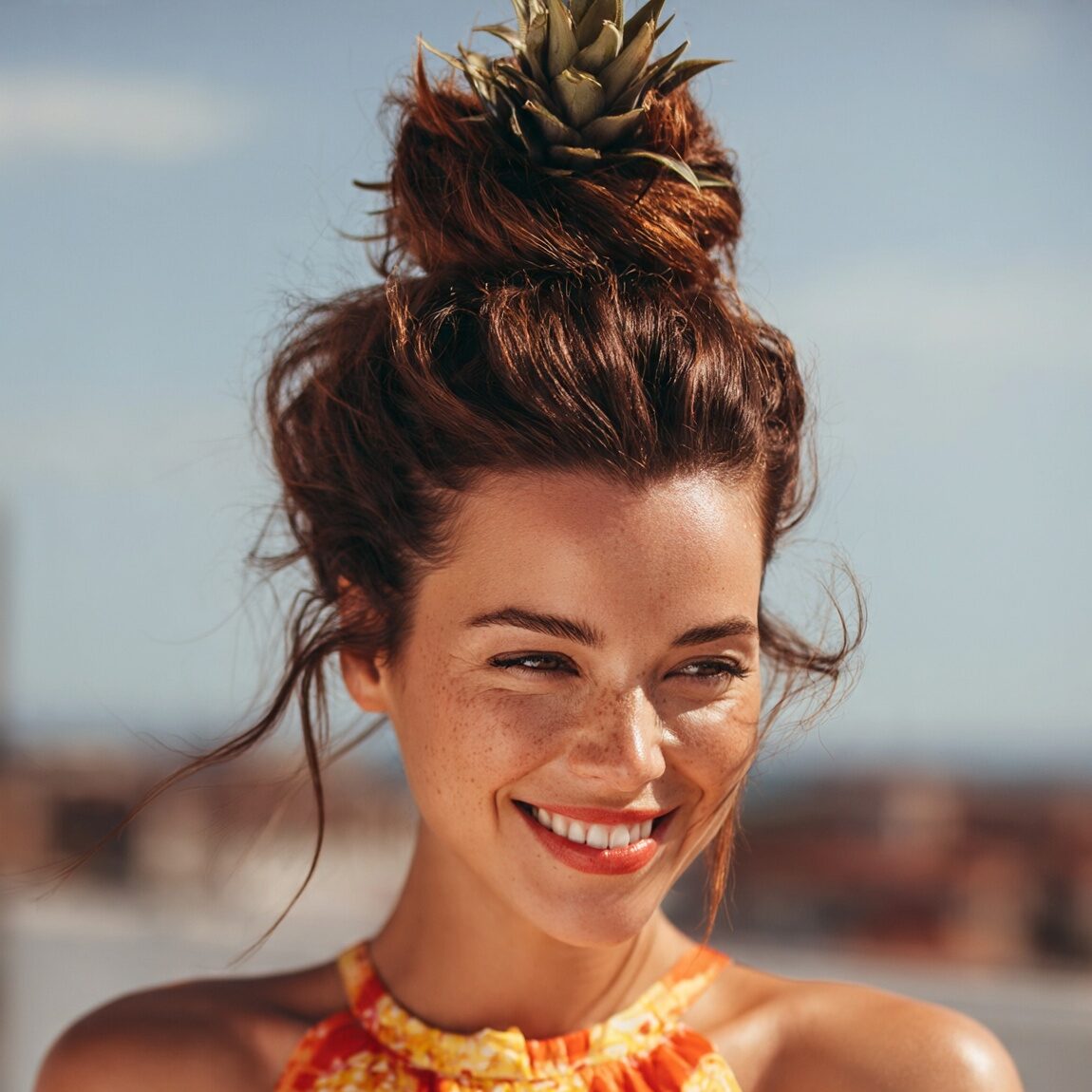 attractive woman with a funny pineapple top hairst edited