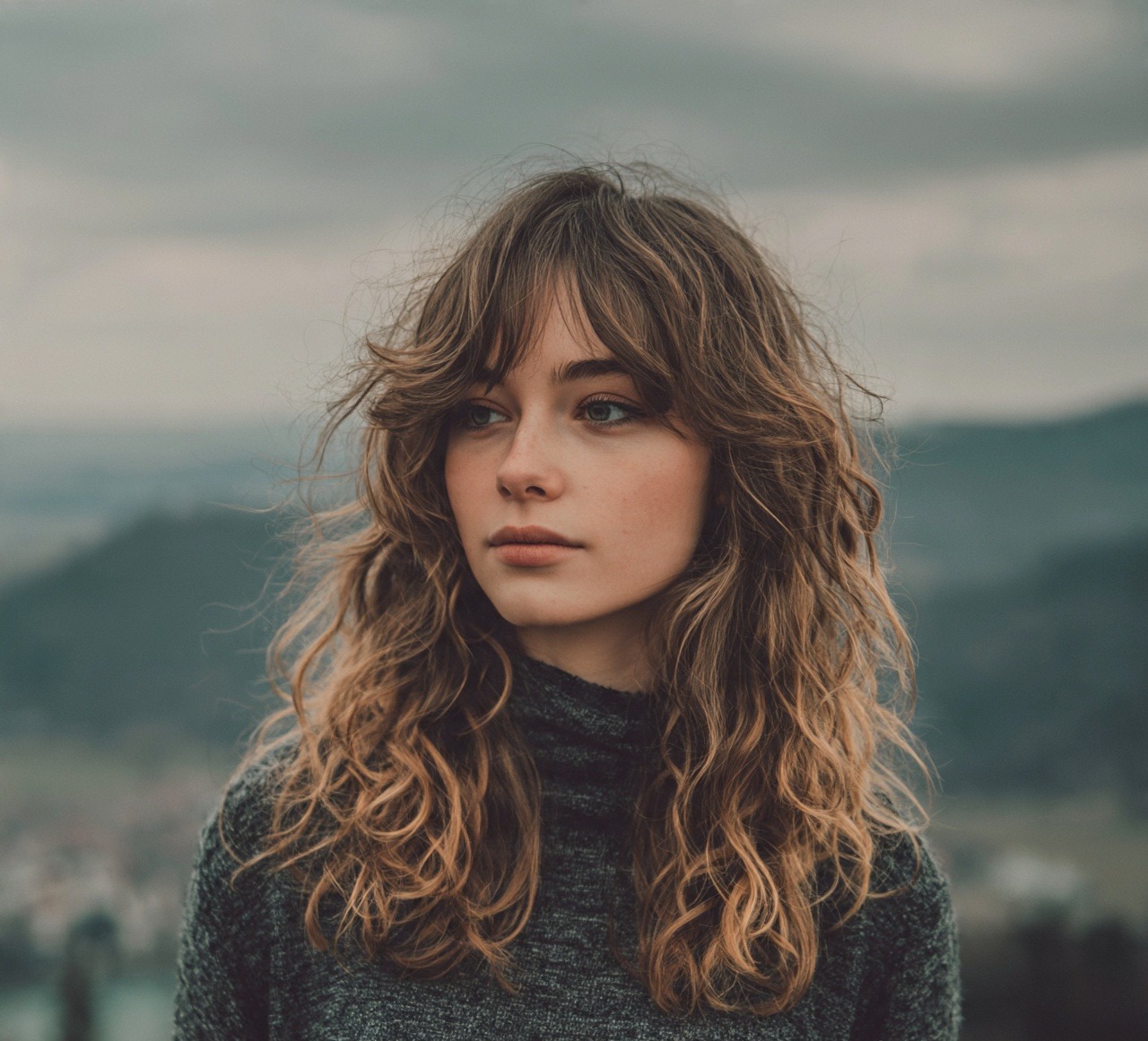 Layered Curls with Curtain Bangs