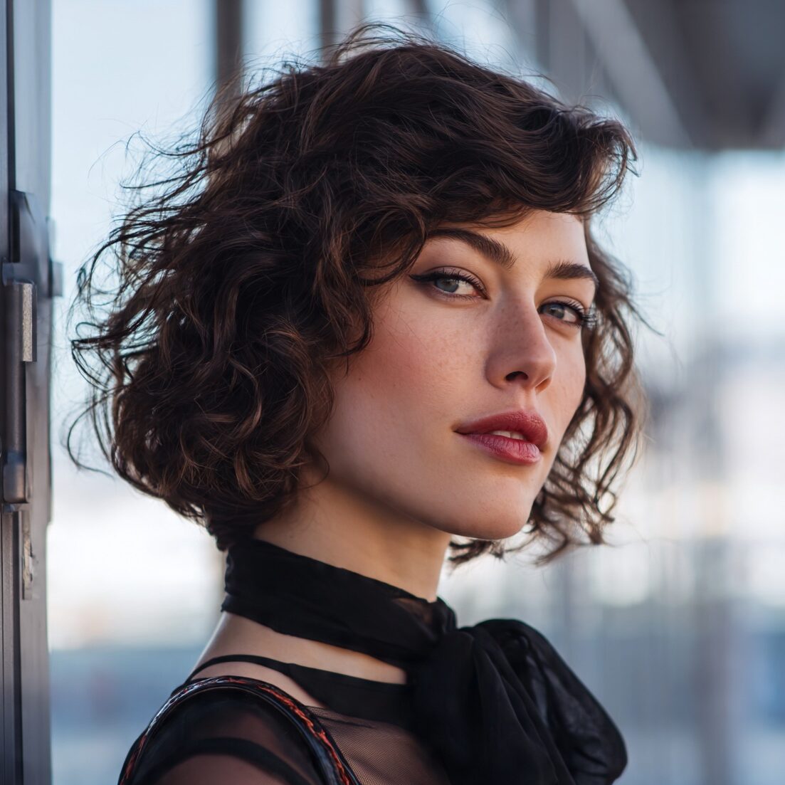 an attractive female with a curly bob tapered back edited