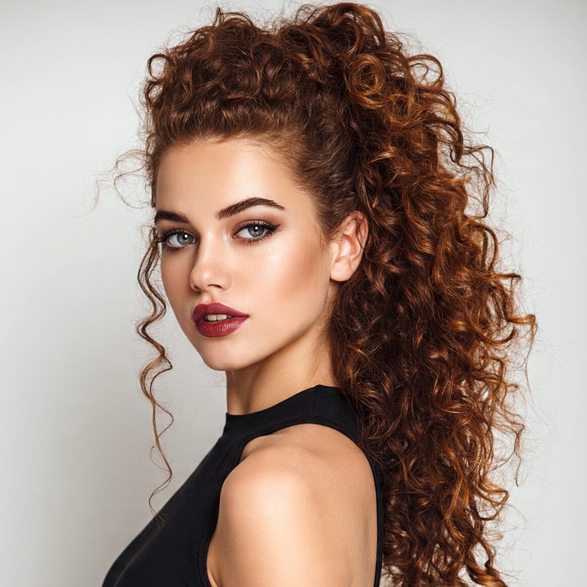 an attractive female with a half up curly ponytail edited