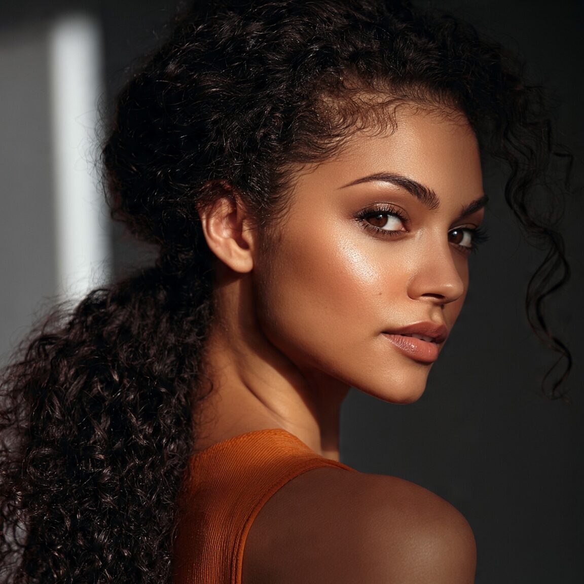 an attractive female with a low wrapped curly pony edited