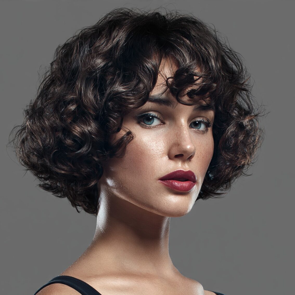an attractive female with a short curly french bob edited