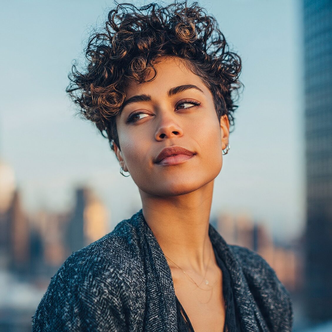 an attractive female with a short curly layered cu edited