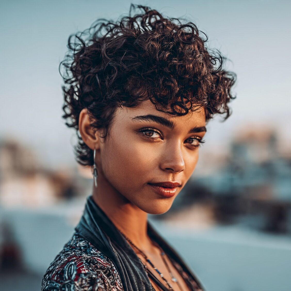 an attractive female with a short curly messy curl edited