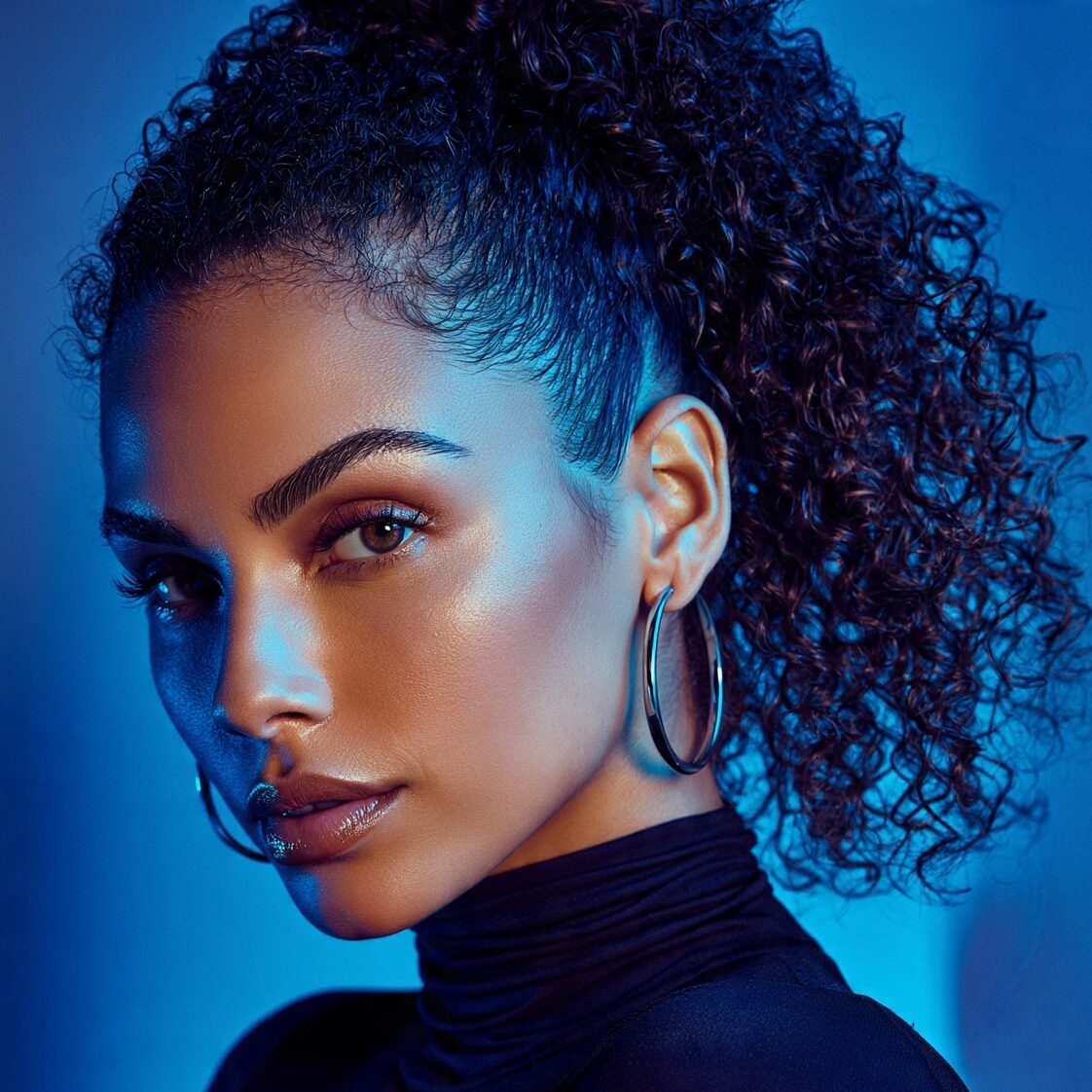 an attractive female with a tight curly ponytail h edited