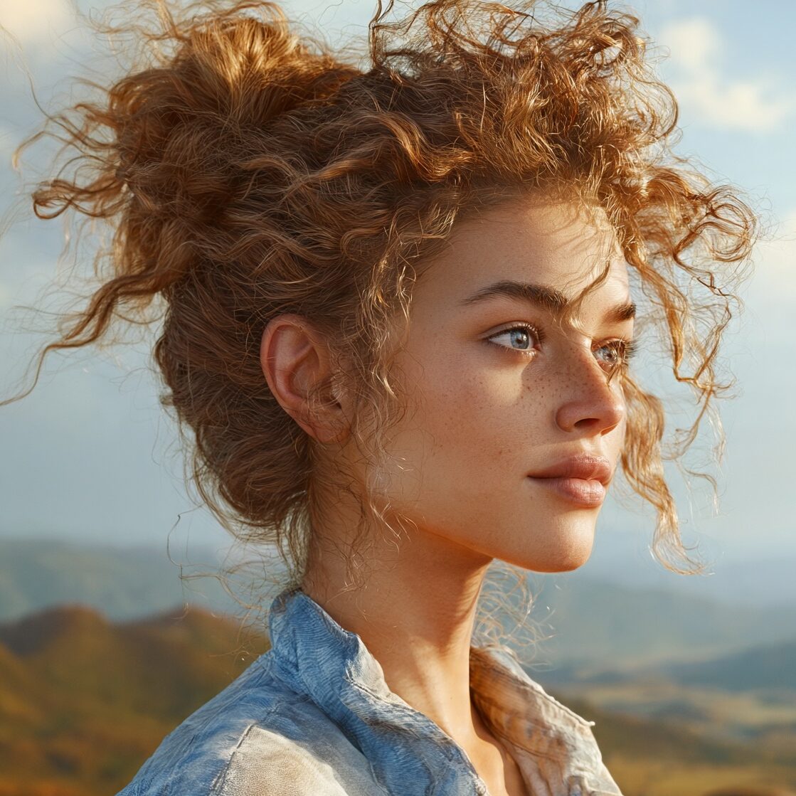 an attractive female with natural curly hair in a edited