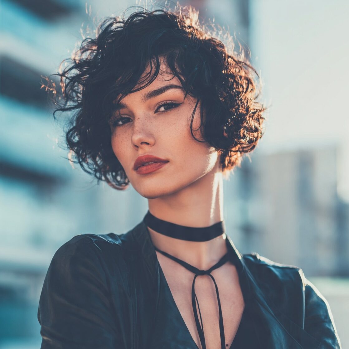 an attractive woman with a curly bob undercut hair edited
