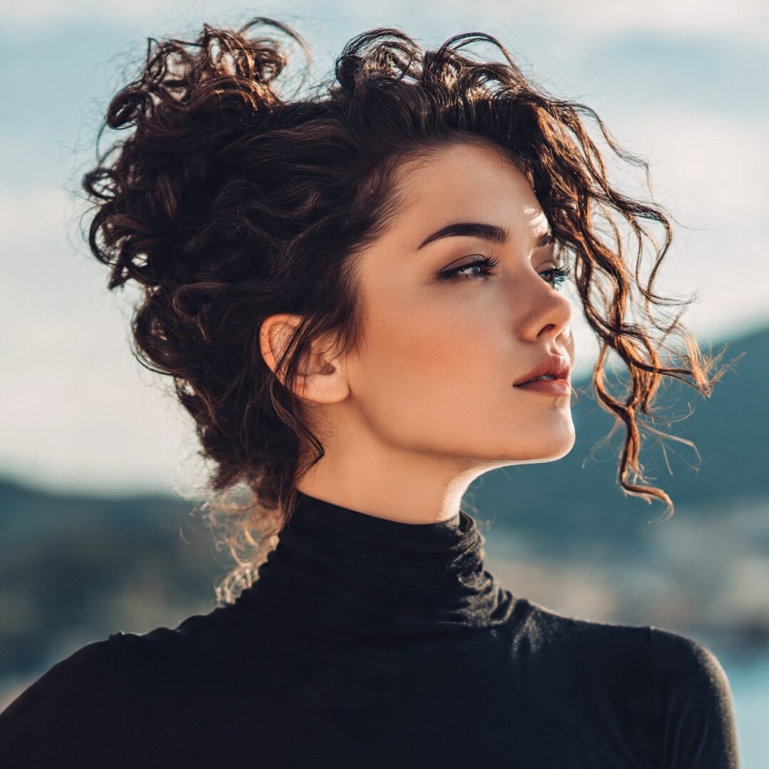 an attractive woman with a natural curly updo hair edited