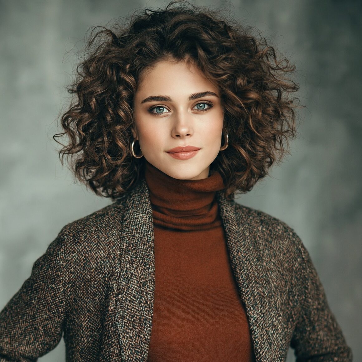 an attractive woman with medium curly soft layered edited