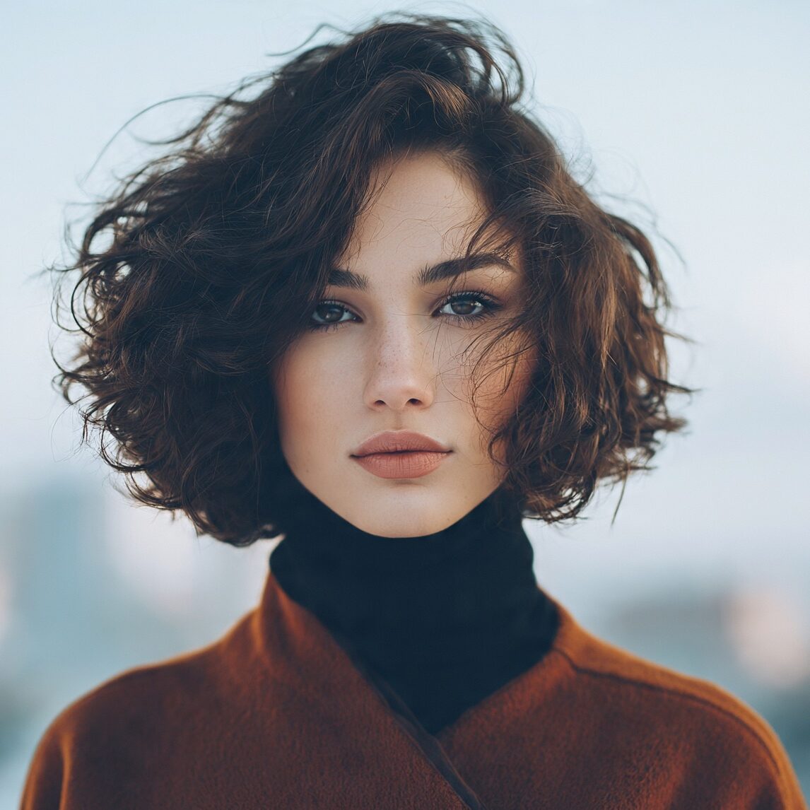 attractive female with a curly bob hairstyle with edited