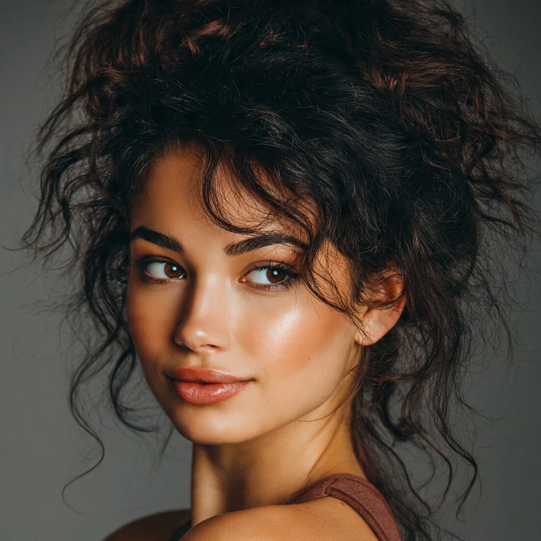 attractive female with a curly messy ponytail hair edited
